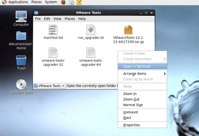VMware Tools Klasör Open In Terminal