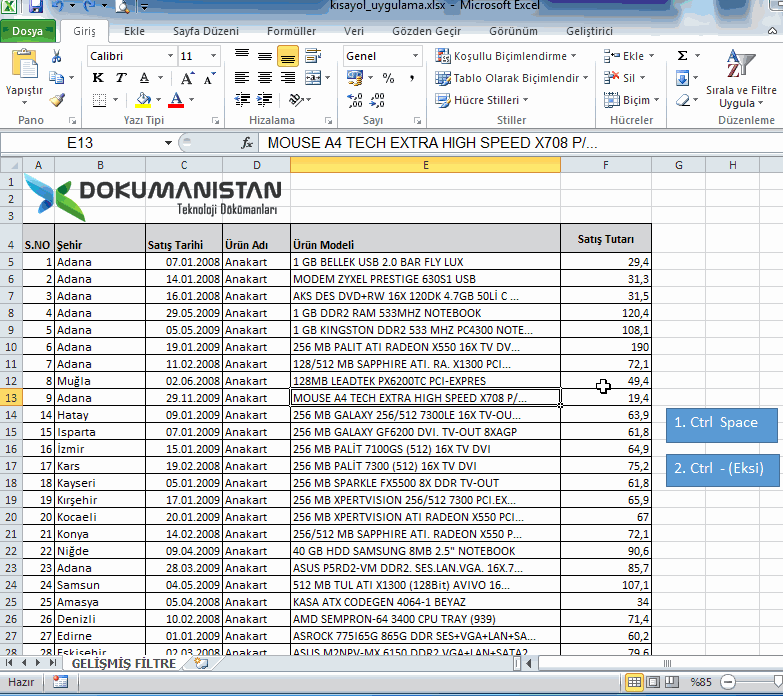 Excel CTRL+ Space ve Ctrl + Eksi Kısayolu ile Tüm sütunu Silme
