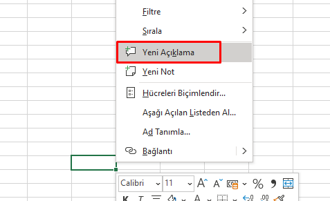 Excel Hücreye Açıklama ekle